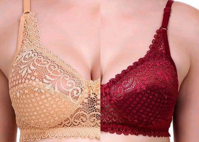 Jhanjari Net Lace Trending Bra Women Full Coverage Non Padded Bra(Beige, Maroon)