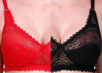 Jhanjari Net Lace Trending Bra Women Full Coverage Non Padded Bra(Black, Red)