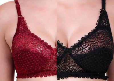 Jhanjari Net Lace Trending Bra Women Full Coverage Non Padded Bra(Black, Maroon)