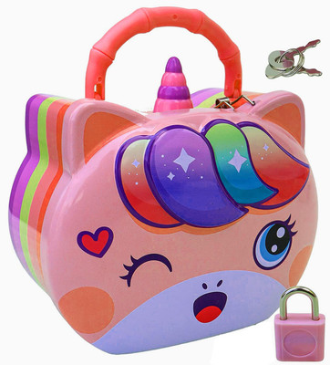 GAMLOID Unicorn 3D Design Printed Smiley Money Piggy Bank Handle & Lock Coin Bank(Multicolor)