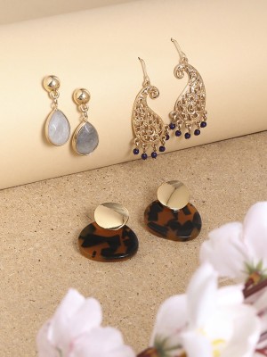 Lilly & Sparkle Combo Pack Of Tiger Acetate,Grey Drop Dangler&Paisley Shaped Earrings With Beads Alloy Drops & Danglers