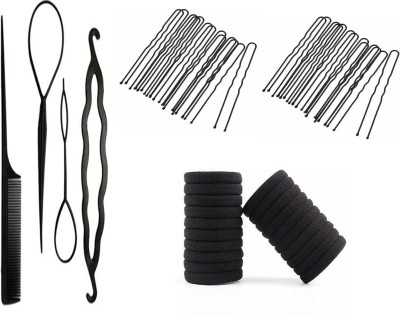 Sharum Crafts 4Pc Comb Set & 20 Juda Pin & 20 Rubber Band Black Hair Accessory Set(Black)