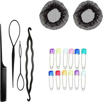 Sharum Crafts 4Pc Comb Set, 2Pc Juda Net Cover & 12 Safety Pin Multi Hair Accessory Set(Black)
