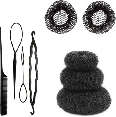Sharum Crafts 4Pc Comb Set, 2Pc Juda Net Cover & 3 Donut Hair Accessory Set(Black)