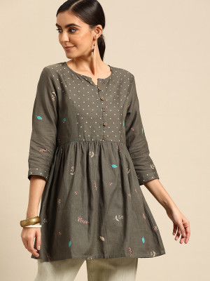 ANOUK Women Printed A-line Kurta(Grey)