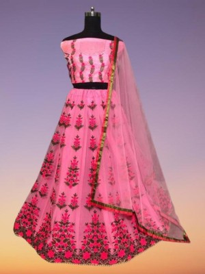 Hukam Creation Embroidered Semi Stitched Lehenga Choli(Pink)