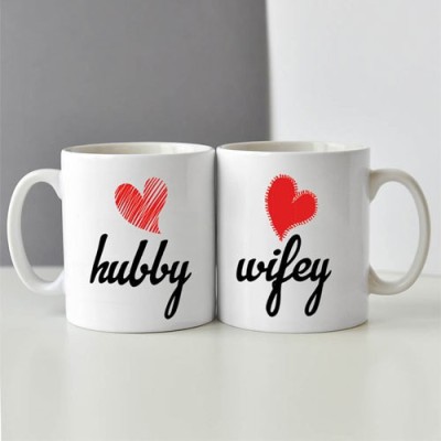 Exciting Lives Hubby Wifeys Set Of Two Ceramic Coffee Mug(330 ml)