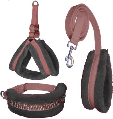 ALCAZAR Fur Harness, Leash & Collar Combo Set (Recommanded for 5-15KG PET) Adjustable Dog Harness & Leash(Small, BROWN-BLACK)