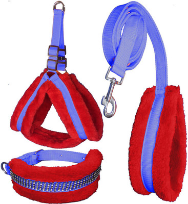 ALCAZAR Fur Harness, Leash & Collar Combo Set (Recommanded for 5-15KG PET) Adjustable Dog Harness & Leash(Small, BLUE-RED)