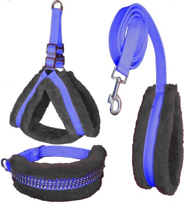 ALCAZAR Dog Fur Combo Set Harness, Leash & Collar Nylon Material with mink fur Padded Dog Collar & Leash(Small, BLUE-BLACK)