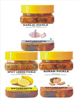 NaturEarth Garlic Pickle , Spicy Lemon & Suran Pickle (600G)Maa Ke Hath Ka Achar Garlic Pickle(3 x 200 g)