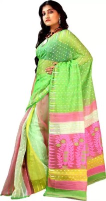 OWALID Printed Jamdani Cotton Silk Saree(Green)