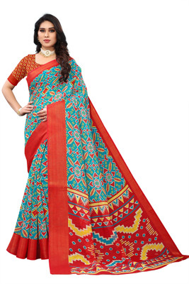 SARETRA MALL Printed, Geometric Print Bandhani Cotton Blend Saree(Light Blue, Red)