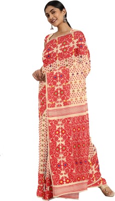 Kalakari India Self Design Jamdani Cotton Silk Saree(Orange, Beige)
