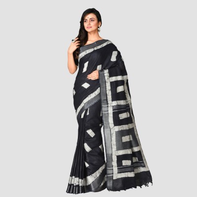 Mystory Printed Bhagalpuri Cotton Linen Saree(White, Black)