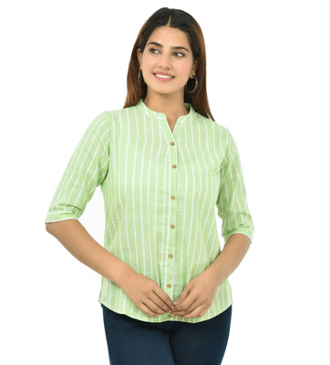 FABISHO Women Striped Casual Green Shirt