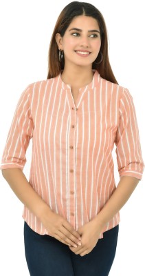 FABISHO Women Striped Casual Orange Shirt