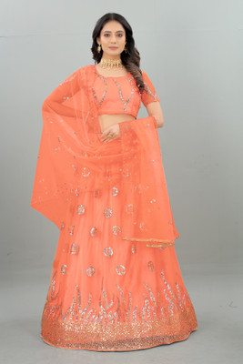 FAB WINDOW Embroidered Semi Stitched Lehenga Choli(Orange)