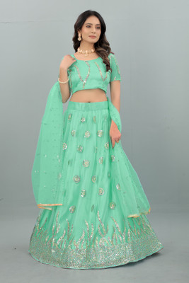 FAB WINDOW Embroidered Semi Stitched Lehenga Choli(Green)