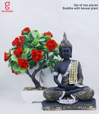 GW Creations Beautiful Meditating Lord Buddha With Bonsai Plant Decorative Showpiece  -  23 cm(Polyresin, Black, Gold)