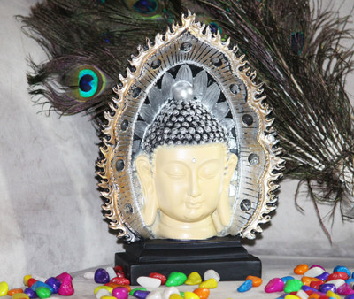 Miss Peach Handicraft Religious Idol of Face Buddha For Home Decor|Meditating Buddha| Decorative Showpiece  -  34 cm(Polyresin, Beige, Silver, Black)