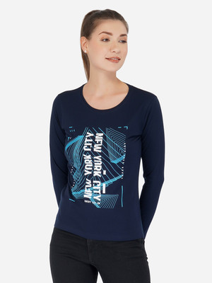 Ap'pulse Printed Women Round Neck Navy Blue T-Shirt