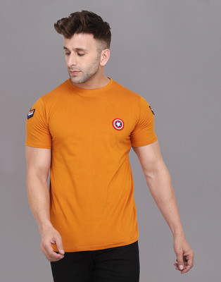 Money Leaf Solid Men Round Neck Gold T-Shirt