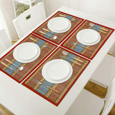 SUBHRA TEXTILE Rectangular Pack of 4 Table Placemat(Red, Cotton)