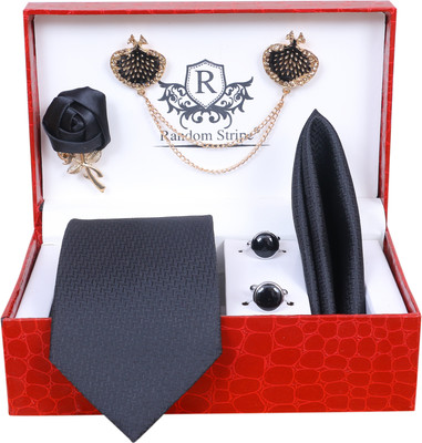 RANDOM STRIPE Silk Cufflink & Tie Pin Set(Black)