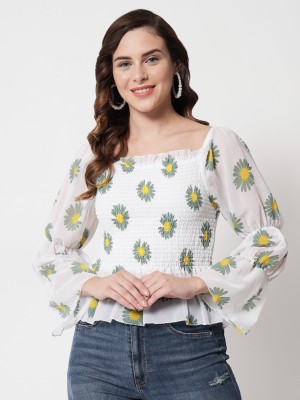 FUNDAY FASHION Casual Floral Print Women White, Green Top