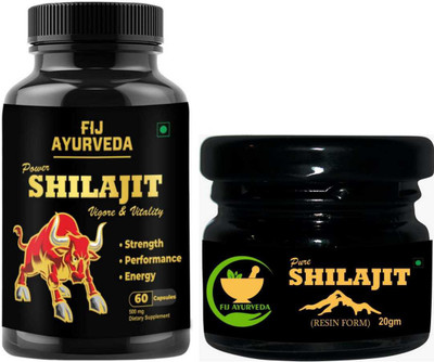 FIJ AYURVEDA Pure Shilajit Resin 20Gm with Power Shilajit Extract – 60 Capsules (Combo Pack)(Pack of 2, 20 g)