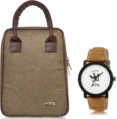 LOREM FZ-TB03-LR18 Brown Watch & Khaki Lunch/Tiffin Bag For Office,College,School Waterproof Lunch Bag(Mustard, 8.5 L)