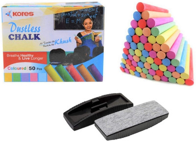 Kores Colourful Dustless Chalks with Duster ( Pack of 1, 50 sticks with 1 Duster) Blackboard Multicolor Dustless Chalks & Duster(50 Sticks)