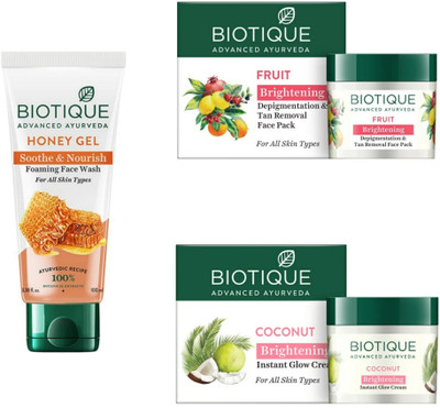 BIOTIQUE HONEY GEL FACE WASH 100 ML, FRUIT FACE PACK 50ML ,COCONUT BRIGHTENING CREAM 50G(3 Items in the set)
