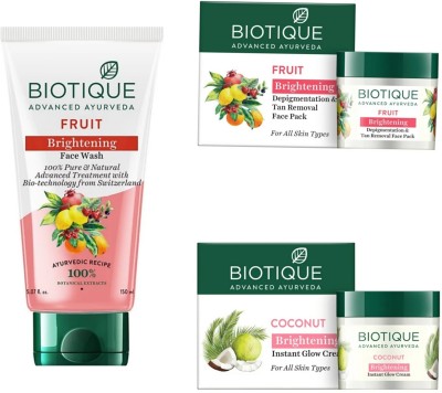 BIOTIQUE FRUIT BRIGHTENING FACE WASH 150 ML, FRUIT FACE PACK ,COCONUT BRIGHTENING CREAM 50G(3 Items in the set)