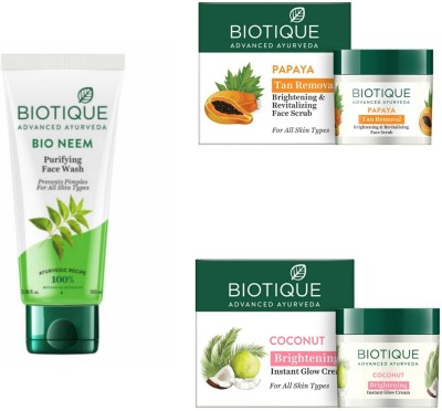 BIOTIQUE FRESH NEEM FACE WASH 100 ML , PAPAYA TAN REMOCAL SCRUB 50G , COCONUT BRIGHTENING CREAM 50G(3 Items in the set)