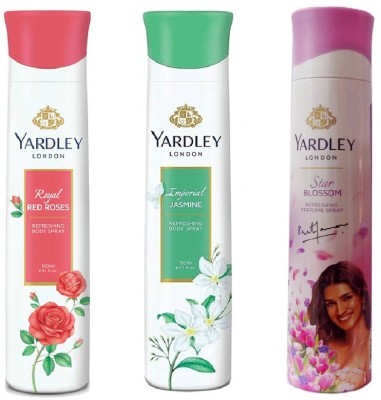 Yardley London 1 Royal Red Rose , 1 Impirial jasmine ,1 Star Bloosom 150 ml each , pack of 3 Deodorant Spray  -  For Men & Women(450 ml, Pack of 3)