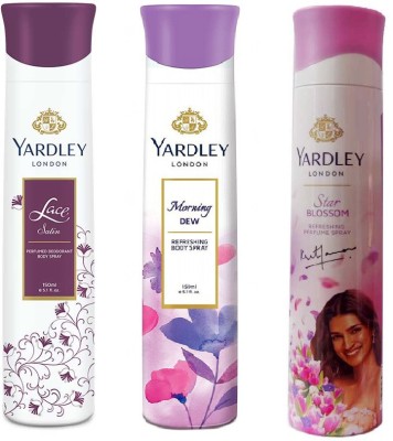 Yardley London 1 Lace Satin ,1 Morning dew 1 Star bloosom 150 ml each , pack of 3 . Deodorant Spray  -  For Men & Women(450 ml, Pack of 3)