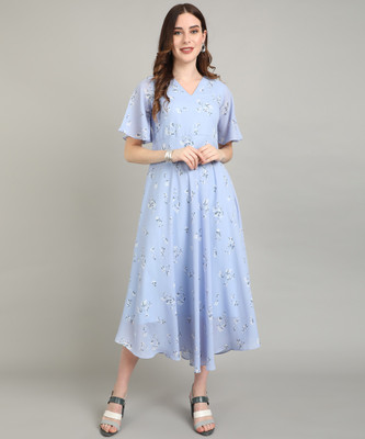AHANA Women Fit and Flare Multicolor, Light Blue Midi/Calf Length Dress