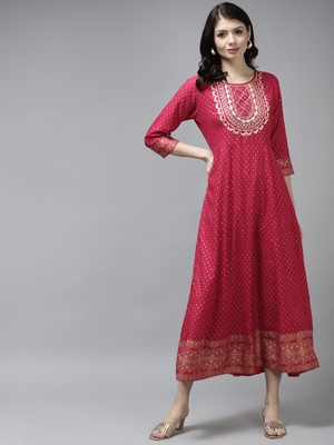 Yufta Women Fit and Flare Pink Midi/Calf Length Dress