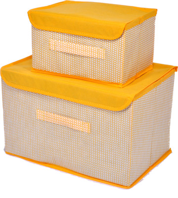 Crownsy Set of 2 Storage Basket Bins Non-Woven Wardrobe Closet Organizer Foldable Drawer Rectangular Stackable Box/Bins with Lid & Handle (Yellow)(Yellow)