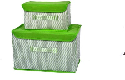 Crownsy Set of 2 Storage Basket Bins Non-Woven Wardrobe Closet Organizer Foldable Drawer Rectangular Stackable Box/Bins with Lid & Handle (Green)(Green)