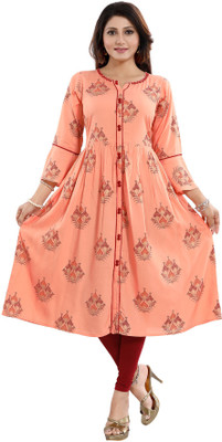 Keshubaba Women Printed Flared Kurta(Orange)