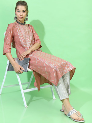 Vishudh Women Printed Straight Kurta(Orange)