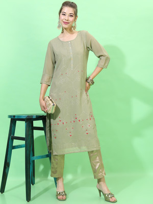 Vishudh Women Printed Straight Kurta(Light Green)