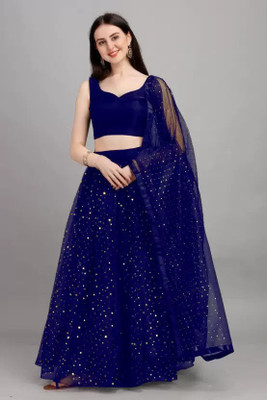 UpLevelBucket Solid, Polka Print, Embellished Semi Stitched Lehenga Choli(Dark Blue)
