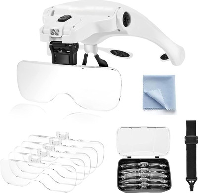 metrotools Headband Magnifier Light with 5 Lenses Perfect Jewelry, Arts Crafts, Painting lenses(1.0X/1.5X/2.0X/2.5X/3.5X) Headband Magnifier(White)