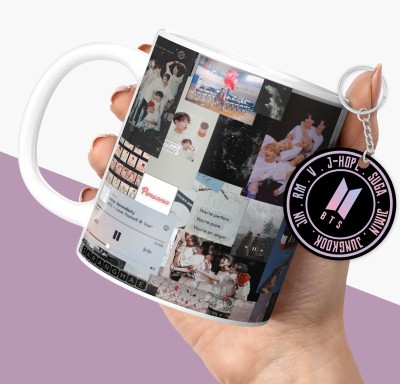NH10 DESIGNS BTS Printed Cup with Keychain BTS Cup BTS Gift Set For Girls Boys (B61WMK30) Ceramic Coffee Mug(350 ml, Pack of 2)