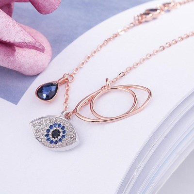 Royatto Good Quality Stainless Steel Crystal Eye Blue Waterdrop Glass Pendant Necklace Diamond Gold-plated Plated Stainless Steel Choker