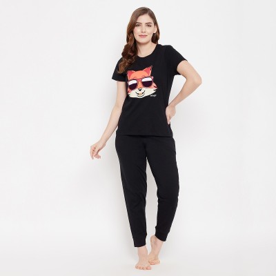 Clovia Women Printed Black Top & Pyjama Set